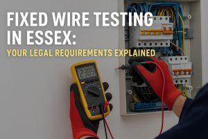 A qualified commercial electrician in Essex performing fixed wire testing on a distribution board using a digital multimeter, with bright, professional lighting and “Fixed Wire Testing in Essex: Your Legal Requirements Explained” displayed in clear text.