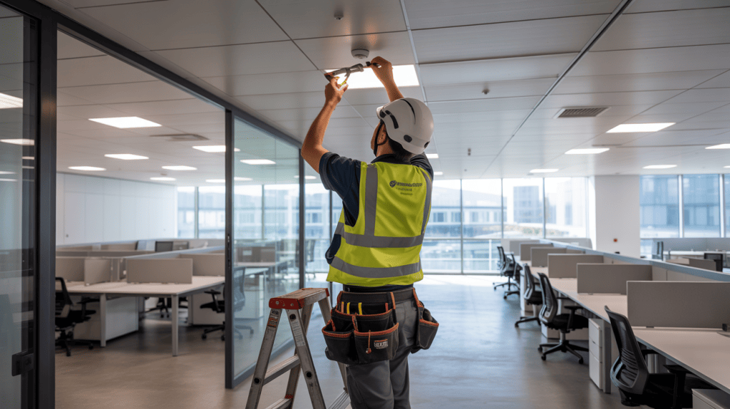 Electrician installing lighting and power systems during a modern office fit-out in Essex.