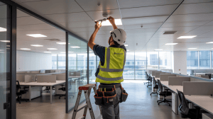 Electrician installing lighting and power systems during a modern office fit-out in Essex.