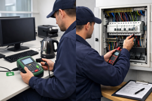 Commercial electrician carrying out PAT testing and fixed wire testing in a business premises.