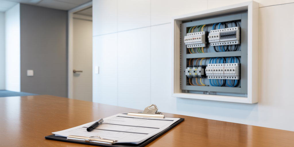 Electrical distribution board and inspection documents showing landlord electrical responsibilities in a commercial property.