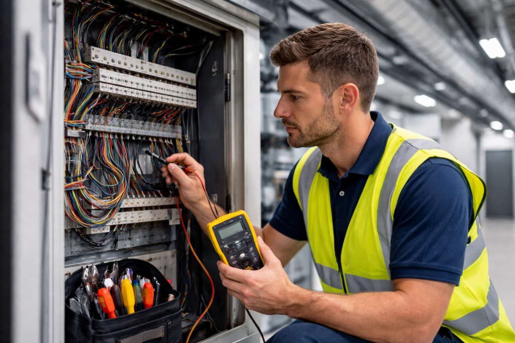 M&E engineer testing electrical control panel in a commercial building in Essex