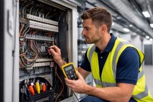 M&E engineer testing electrical control panel in a commercial building in Essex