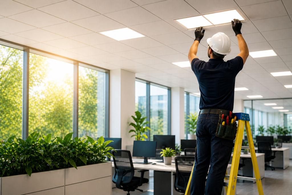 Commercial electrician carrying out office lighting upgrades during summer maintenance work in Essex