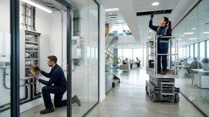 Facilities maintenance engineer carrying out planned preventative maintenance in a modern commercial office building.