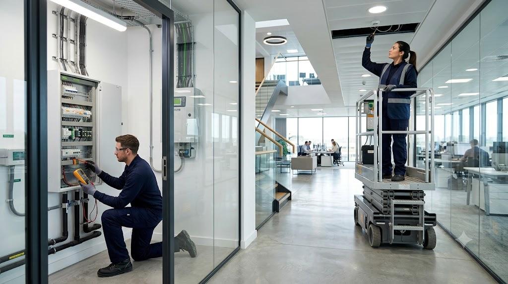 Facilities maintenance engineer carrying out planned preventative maintenance in a modern commercial office building.