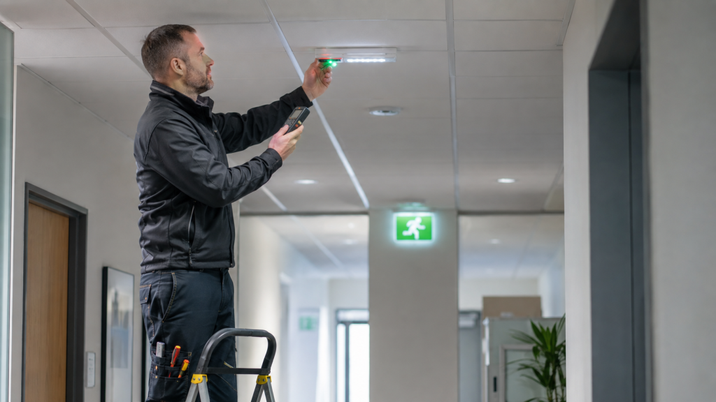 Commercial electrician testing a ceiling-mounted emergency light in a modern office corridor.