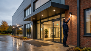 Facilities maintenance worker inspecting exterior lighting at a modern commercial property prepared for autumn and winter.