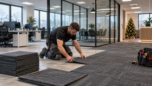 Flooring installer fitting grey carpet tiles in a modern office, with a Christmas tree in the reception area.